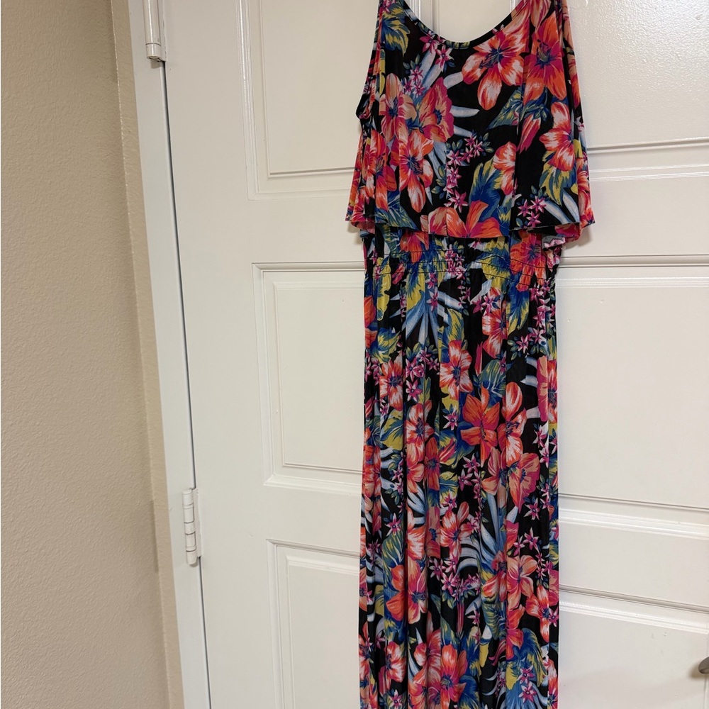 Floral Cold-Shoulder Maxi Dress in Black with Bright Blooms